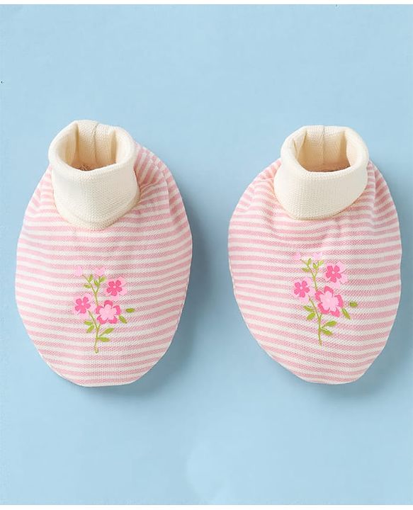 Babyhug 100% Cotton Interlock Knit Mittens & Booties With Floral Print - Pink
