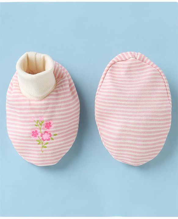 Babyhug 100% Cotton Interlock Knit Mittens & Booties With Floral Print - Pink