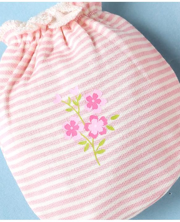 Babyhug 100% Cotton Interlock Knit Mittens & Booties With Floral Print - Pink