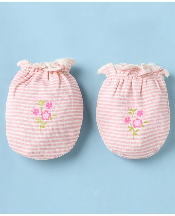 Babyhug 100% Cotton Interlock Knit Mittens & Booties With Floral Print - Pink