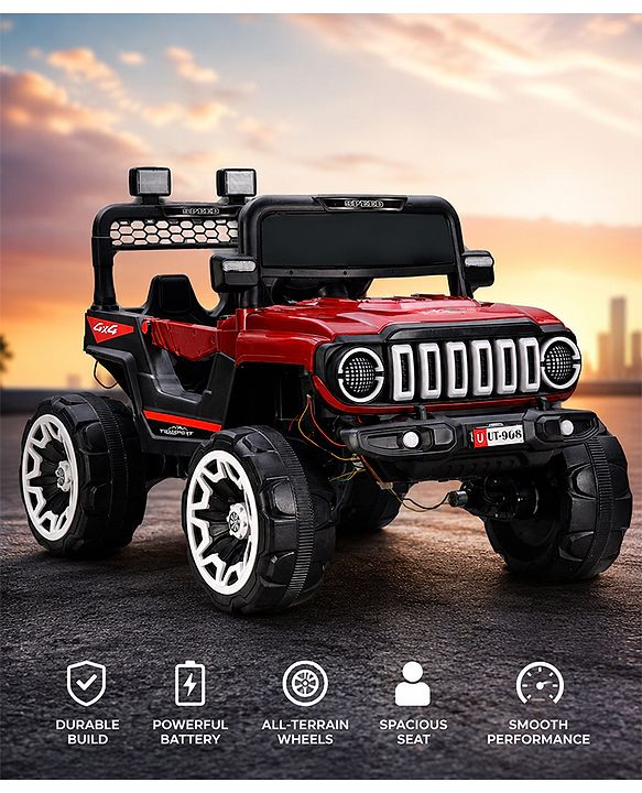 Babyhug Battery Operated Ride On Jeep with Music & LED Lights - Red| USB & AUX Connectivity| Push Button Start| Rechargeable Battery| 3 to 8 Years Boys & Girls| Remote Control| Forward & Reverse