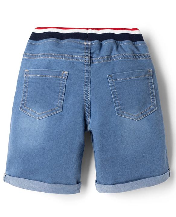 Babyhug Cotton Lycra Denim Mid Thigh Shorts with Brooklyn Pext in Blue