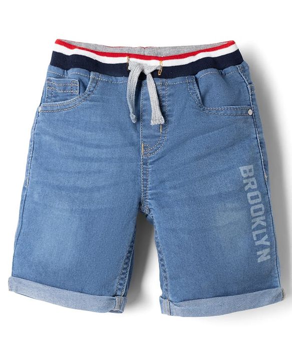 Babyhug Cotton Lycra Denim Mid Thigh Shorts with Brooklyn Pext in Blue