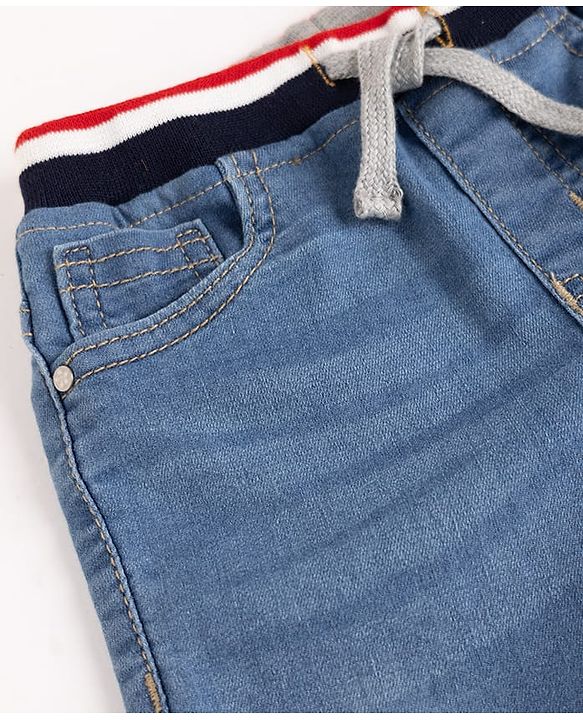 Babyhug Cotton Lycra Denim Mid Thigh Shorts with Brooklyn Pext in Blue