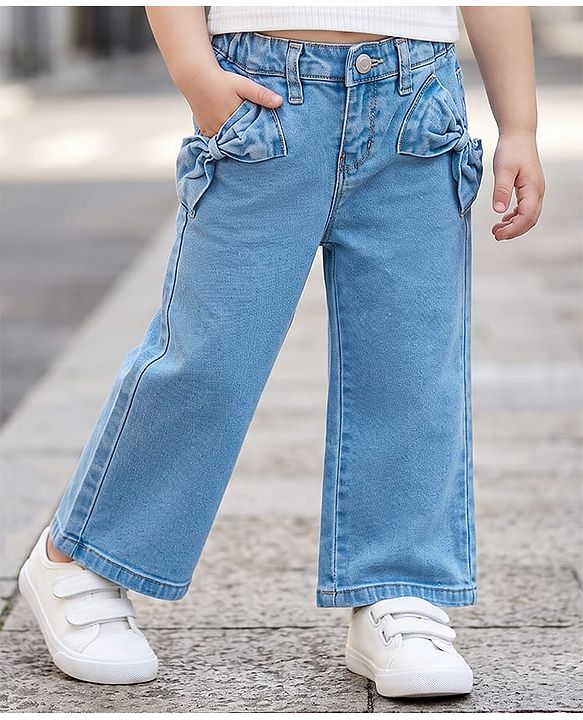 Babyhug Cotton Lycra Full Length Washed Jeans With Bow Applique & Stretch - Blue