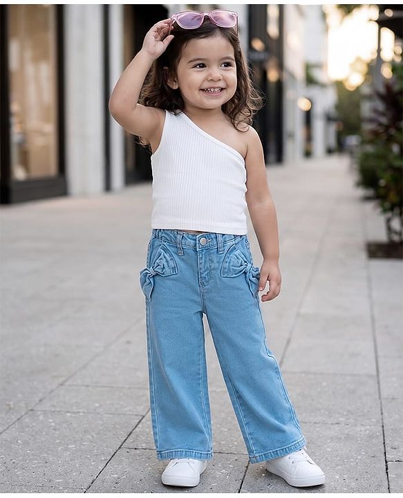 Babyhug Cotton Lycra Full Length Washed Jeans With Bow Applique & Stretch - Blue