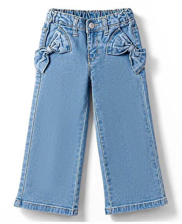 Babyhug Cotton Lycra Full Length Washed Jeans With Bow Applique & Stretch - Blue