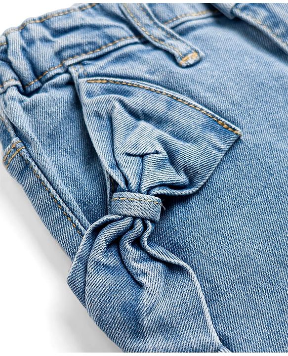Babyhug Cotton Lycra Full Length Washed Jeans With Bow Applique & Stretch - Blue