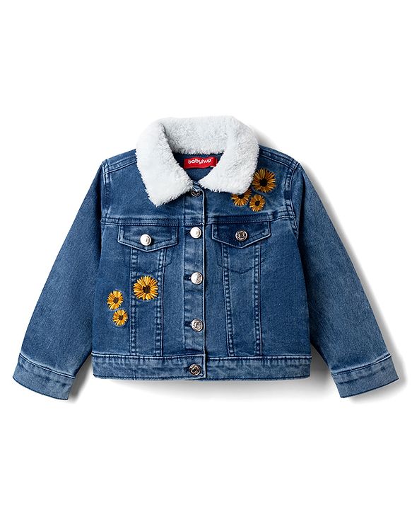 Babyhug Cotton Lycra Denim Jacket with Full Sleeves & Floral Embroidery - Light Blue