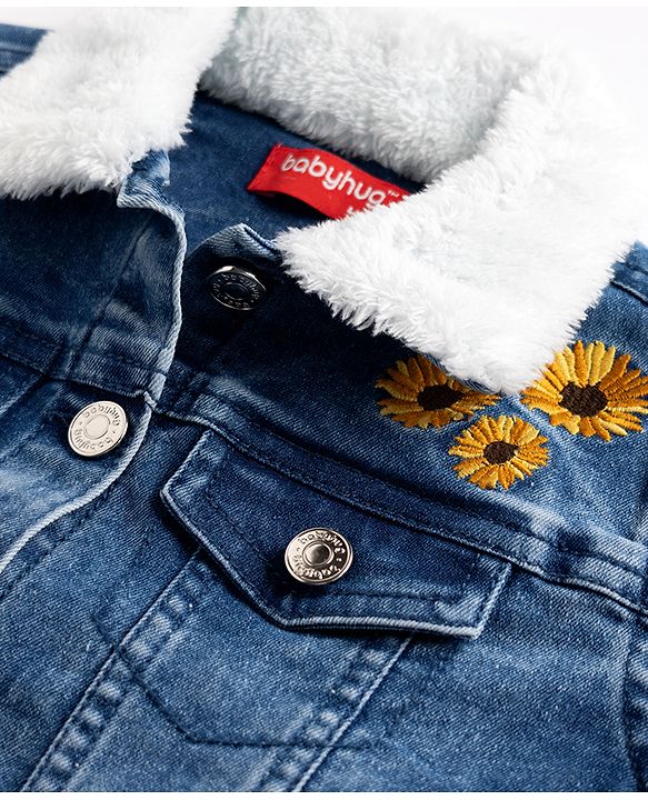 Babyhug Cotton Lycra Denim Jacket with Full Sleeves & Floral Embroidery - Light Blue