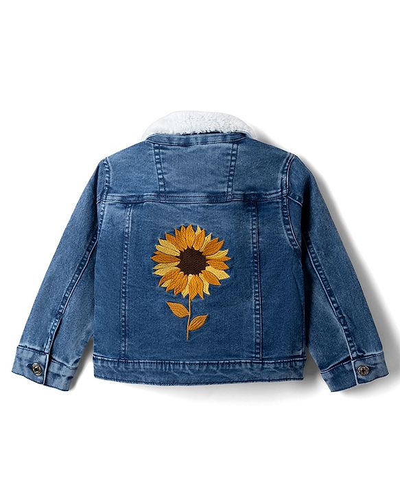 Babyhug Cotton Lycra Denim Jacket with Full Sleeves & Floral Embroidery - Light Blue