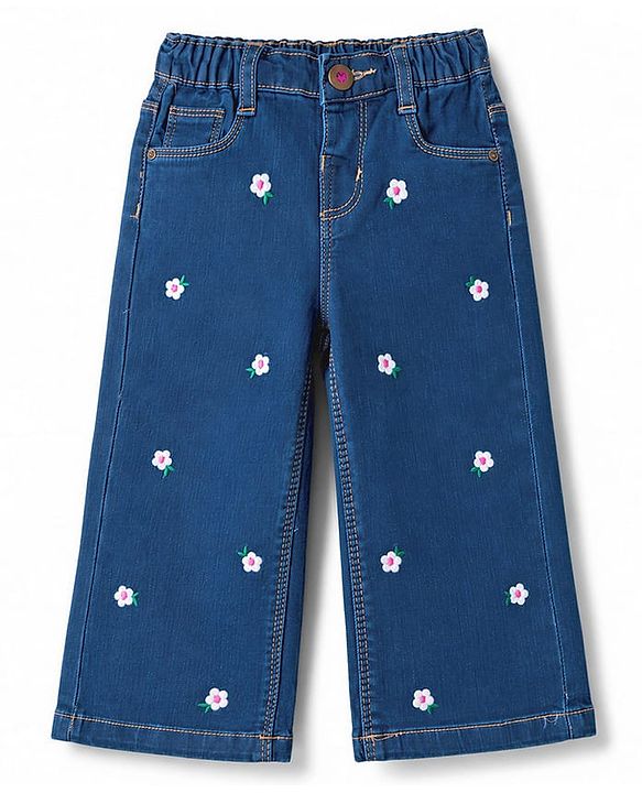 Babyhug Cotton Lycra Denim Floral Embroidered Washed Jeans With Stretch - Blue