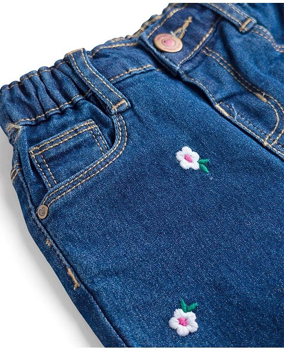 Babyhug Cotton Lycra Denim Floral Embroidered Washed Jeans With Stretch - Blue
