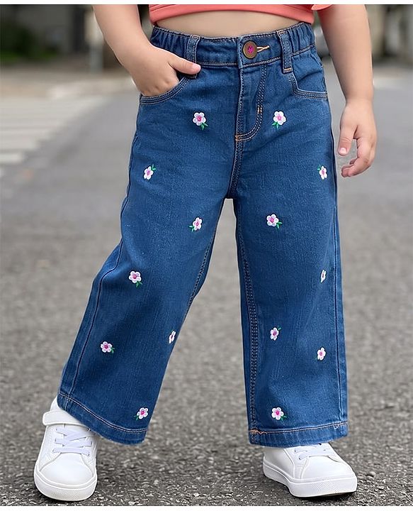 Babyhug Cotton Lycra Denim Floral Embroidered Washed Jeans With Stretch - Blue