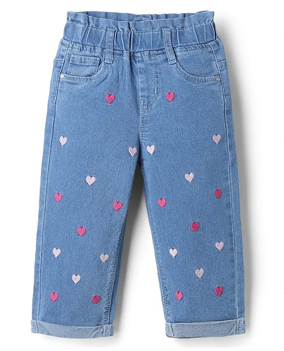 Babyhug Denim Full Length Washed Jeans with Hearts Embroidery in Light/Sky Blue
