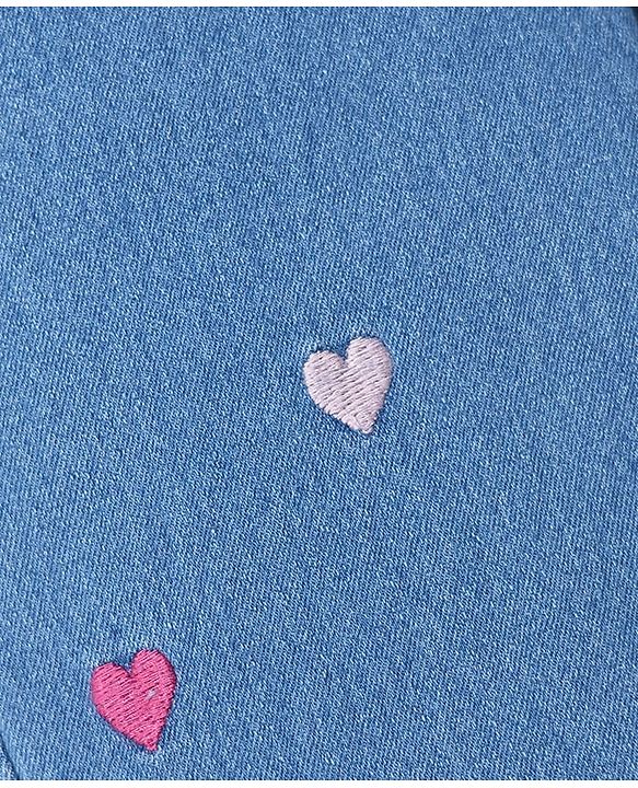 Babyhug Denim Full Length Washed Jeans with Hearts Embroidery in Light/Sky Blue