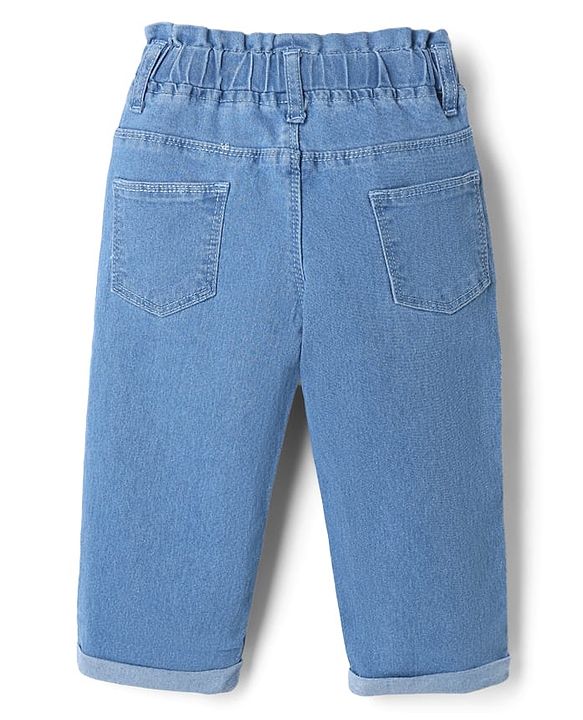 Babyhug Denim Full Length Washed Jeans with Hearts Embroidery in Light/Sky Blue