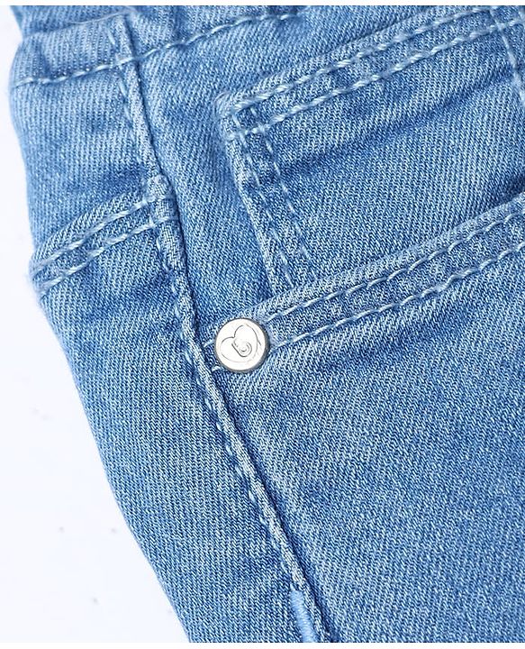 Babyhug Denim Full Length Washed Jeans with Hearts Embroidery in Light/Sky Blue