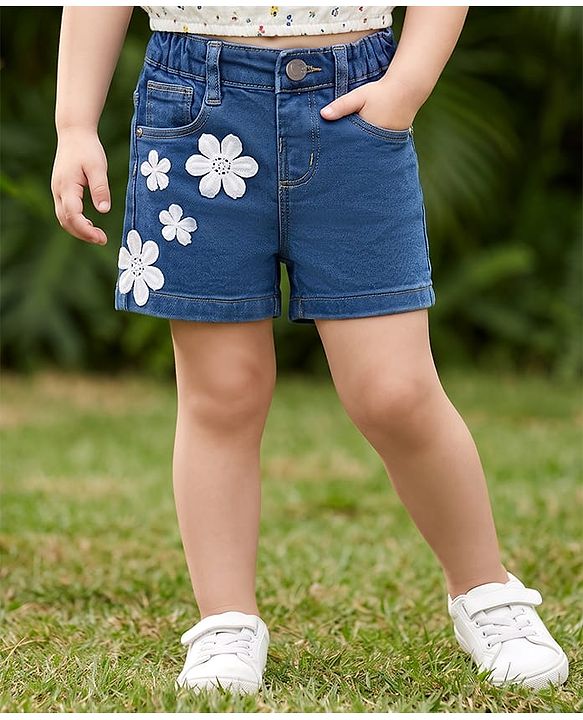 Babyhug Cotton Lycra Denim Mid Thigh Washed Shorts With Stretch & Floral Applique - Light Blue