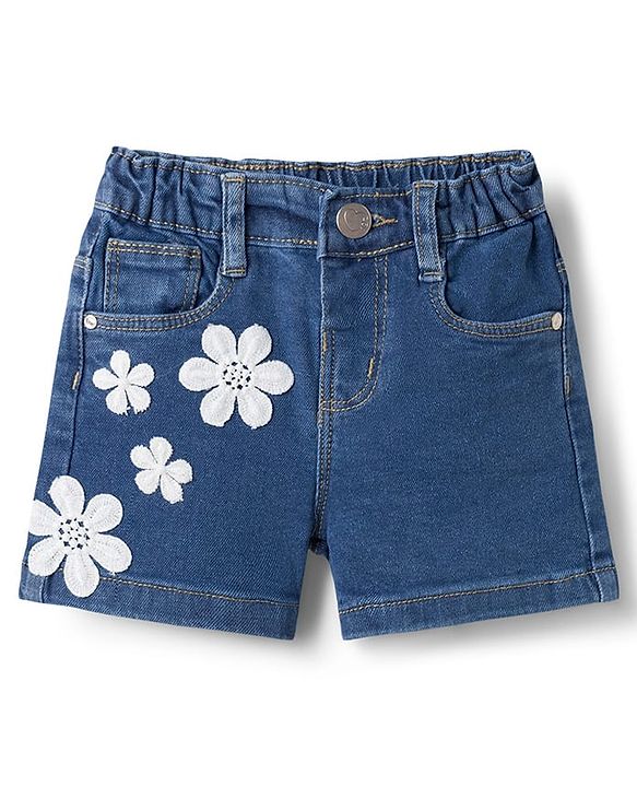 Babyhug Cotton Lycra Denim Mid Thigh Washed Shorts With Stretch & Floral Applique - Light Blue