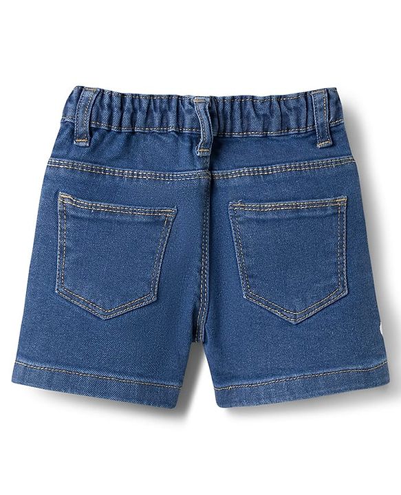 Babyhug Cotton Lycra Denim Mid Thigh Washed Shorts With Stretch & Floral Applique - Light Blue