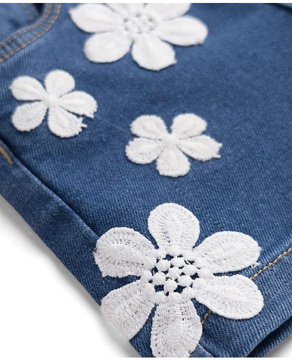 Babyhug Cotton Lycra Denim Mid Thigh Washed Shorts With Stretch & Floral Applique - Light Blue