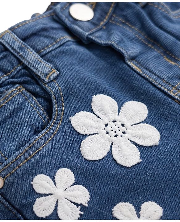 Babyhug Cotton Lycra Denim Mid Thigh Washed Shorts With Stretch & Floral Applique - Light Blue