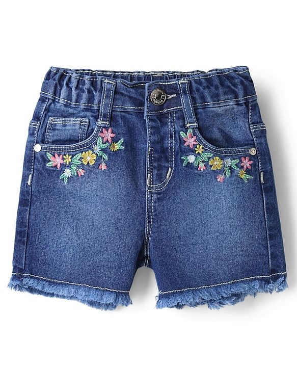 Babyhug Cotton Lycra Mid Thigh Floral Embroidered Denim Shorts - Navy Blue