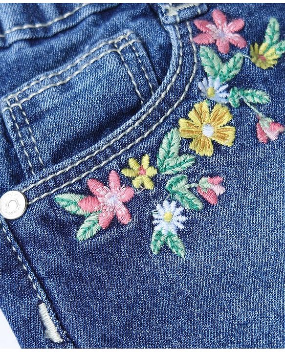 Babyhug Cotton Lycra Mid Thigh Floral Embroidered Denim Shorts - Navy Blue
