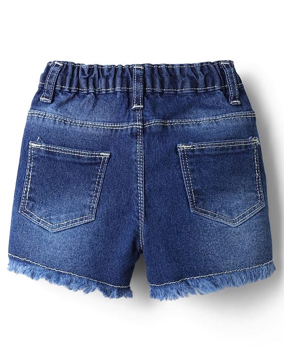 Babyhug Cotton Lycra Mid Thigh Floral Embroidered Denim Shorts - Navy Blue