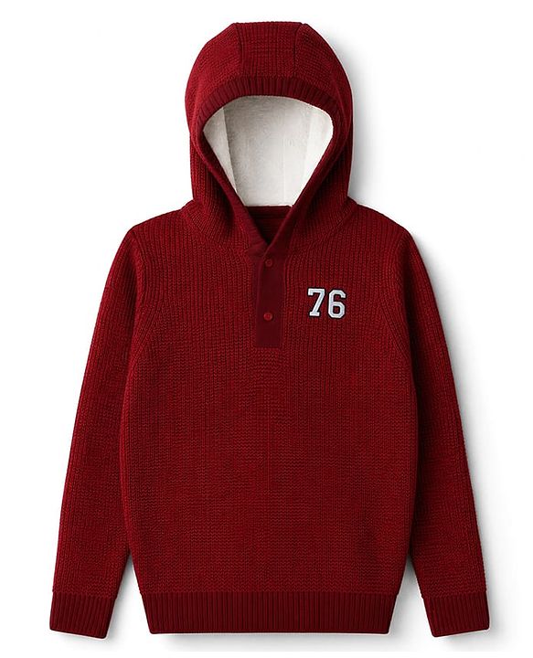 Pine Kids Knit Full Sleeves Hooded Sweaters With Numeric Text Embroidery - Red