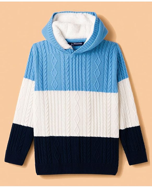 Pine Kids Knit Full Sleeves Striped Hooded Sweater With Cable Knit - Light Blue