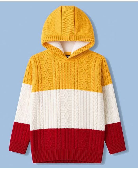Pine Kids Knit Full Sleeves Colour Block Hooded Pullover with Cable Knit Design - Golden  White & Maroon