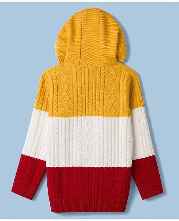Pine Kids Knit Full Sleeves Colour Block Hooded Pullover with Cable Knit Design - Golden  White & Maroon