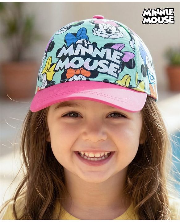 Babyhug Disney Cotton Woven  Summer Cap With Minnie Mouse Graphics Sea Green - Diameter 18 cm