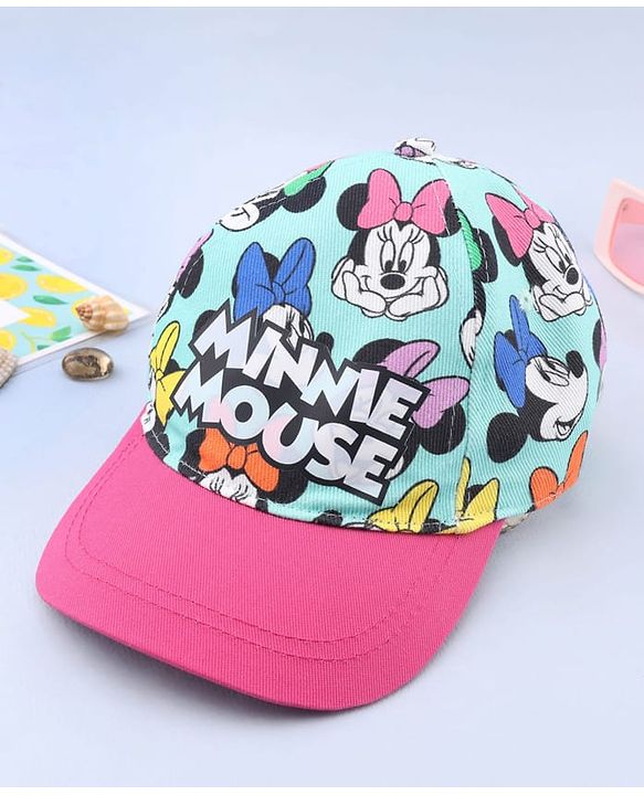 Babyhug Disney Cotton Woven  Summer Cap With Minnie Mouse Graphics Sea Green - Diameter 18 cm