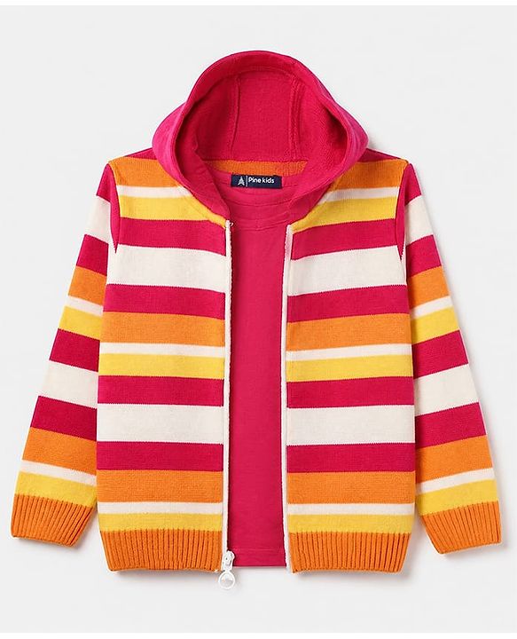 Pine Kids Knit Full Sleeves Front Open Hooded Striped Sweaters With Inner West - Red