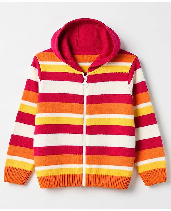 Pine Kids Knit Full Sleeves Front Open Hooded Striped Sweaters With Inner West - Red