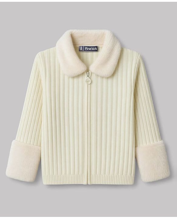 Pine Kids Knit Full Sleeves Solid Colour Front Open Sweater with Collar Neck - Off White