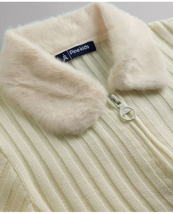Pine Kids Knit Full Sleeves Solid Colour Front Open Sweater with Collar Neck - Off White
