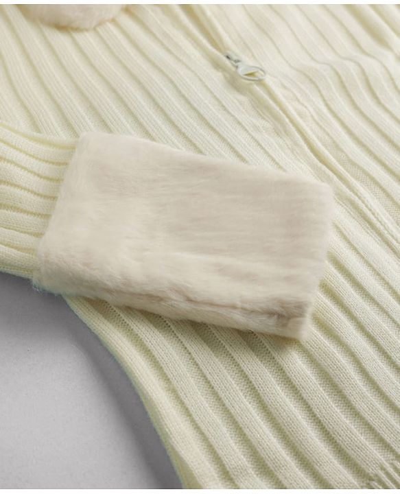 Pine Kids Knit Full Sleeves Solid Colour Front Open Sweater with Collar Neck - Off White