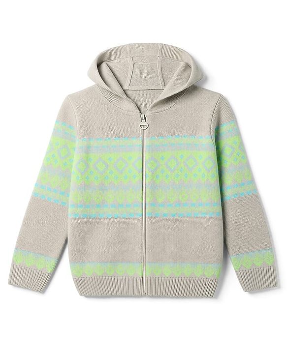 Pine Kids Knit Full Sleeves Hooded  Front Open Sweaters with Geometric Design - Beige