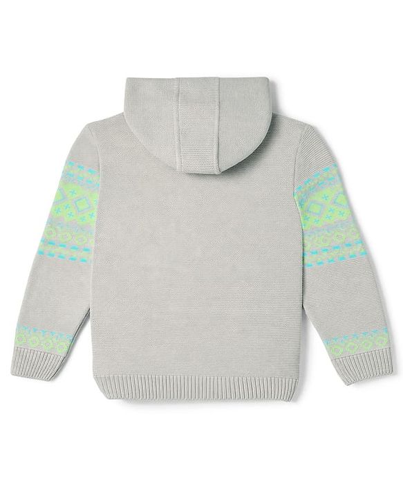 Pine Kids Knit Full Sleeves Hooded  Front Open Sweaters with Geometric Design - Beige