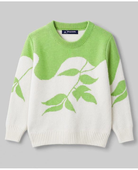 Pine Kids Knit Full Sleeves Leafy Designed Pullover - Light Green