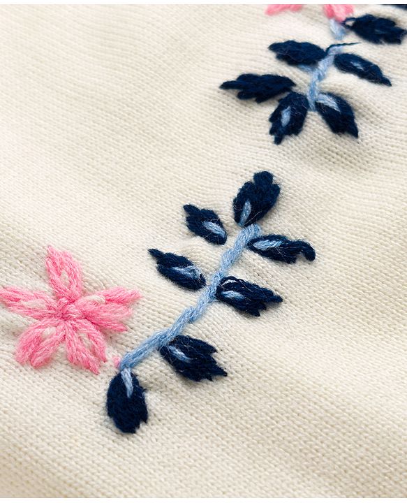 Pine Kids Knit Full Sleeves Floral Embroidered Pullover - Off White