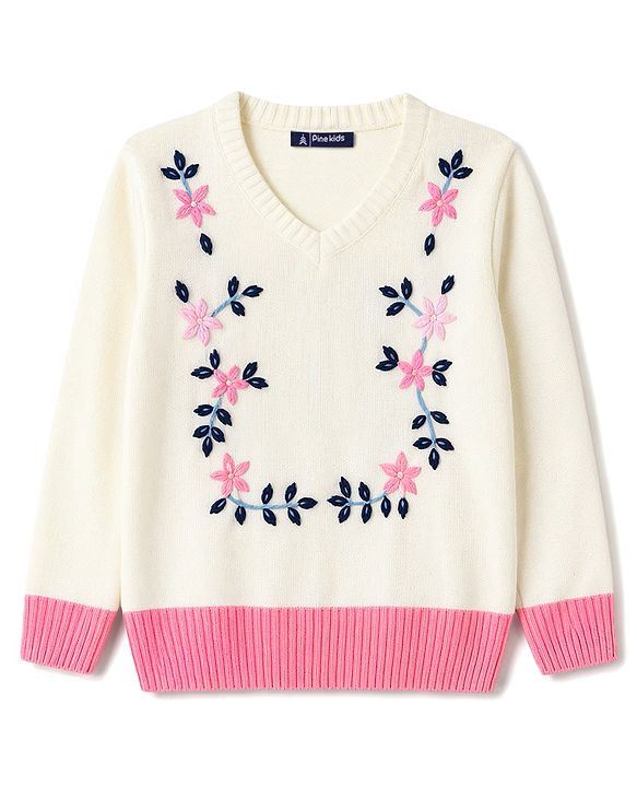 Pine Kids Knit Full Sleeves Floral Embroidered Pullover - Off White