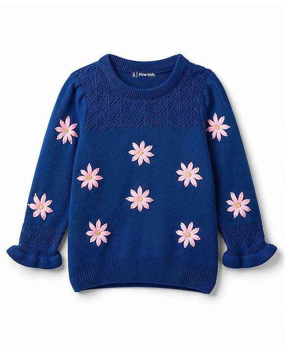 Pine Kids Knit Full Sleeves Pullover with Floral Embroidery - Navy