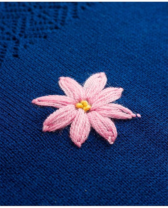 Pine Kids Knit Full Sleeves Pullover with Floral Embroidery - Navy