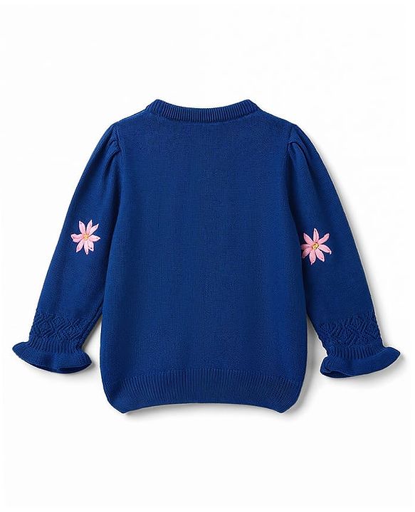 Pine Kids Knit Full Sleeves Pullover with Floral Embroidery - Navy