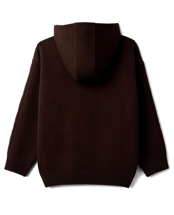 Pine Kids Knit Full Sleeves Hooded Solid Colour Sweater Set With Cable Knit Design- Brown